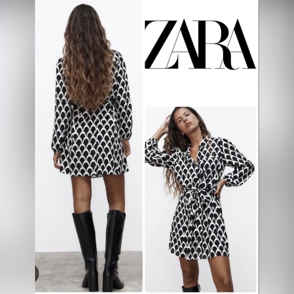 NWT Zara Geometric Print Belted Mini Dress,Size-XS(?S-M;p2p-20”),Linen/Viscose - Picture 1 of 13